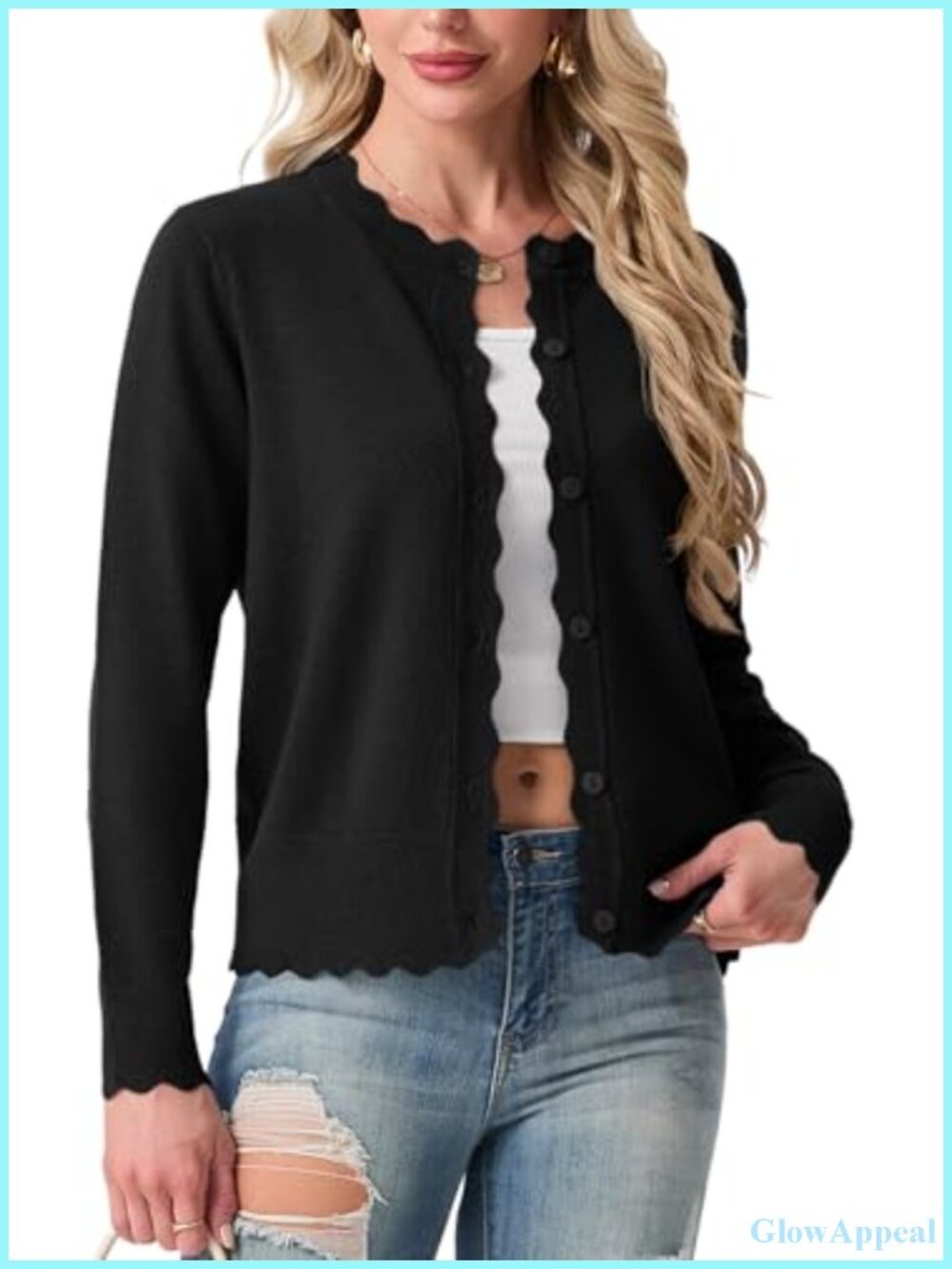 Womens Lightweight Knit Cardigan Sweater Button Up Long Sleeve Scalloped Trim